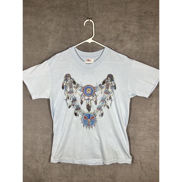 Vintage 90s Hanes HeavyWeight 50\50 Feather Print Mens T-Shirt Medium Blue USA - Picture 1 of 6